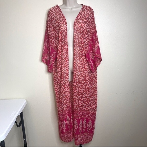 Kimono Duster Red Pink Floral Semi Sheer Open Front Flowy Chiffon Women One Size - Picture 13 of 13